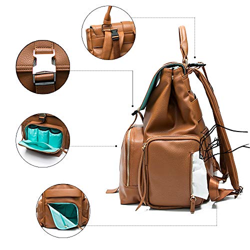 Diaper Bag Backpack by Mominside, Leather Backpack for Women, Travel Backpack Baby Bag with 15 Pockets, Changing Pad, Large Capacity for Wet Clothes, Breast Pump, Milk Bottle (Brown)