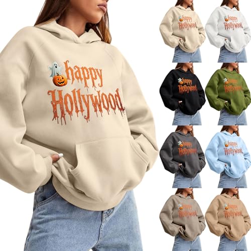 Angxiwan Halloween Clothes for Women Sweatshirts for Women UK Oversized Pumpkin Letter Print Casual Long Sleeve Halloween Sweatshirt Hooded Lightweight Loose Skeleton Cat Womens Clothing