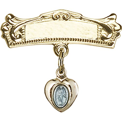 Baby Badge w/ Gold Plate over Sterling Silver Blue Miraculous Charm & Gold Filled Arched Polished Badge Pin 5/8 X 3/4 inches