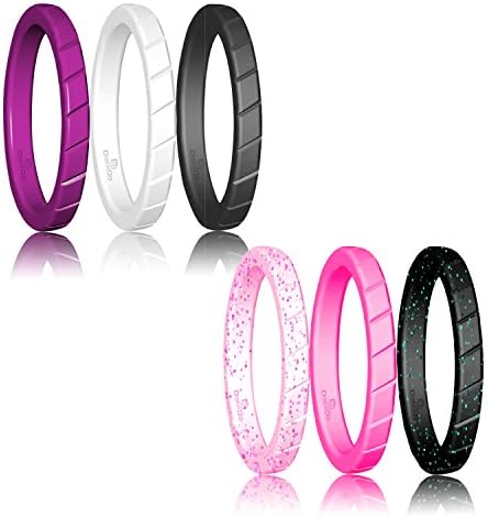 DoerDo Thin Silicone Wedding Ring Stackable ring For Women By, Affordable Rubber Wedding Bands For Active Style - 6 &amp; 8 Rings Pack