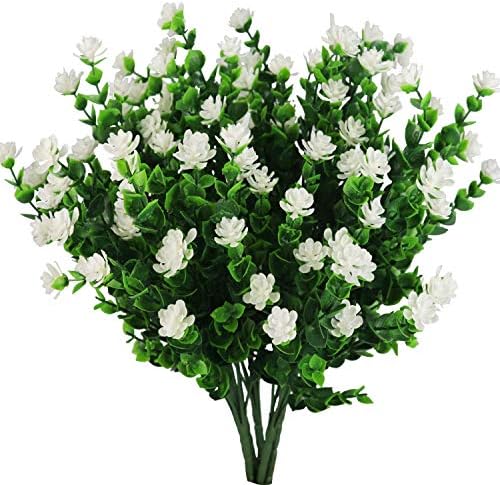 Houda 4pcs Fake Plants Artificial Greenery Shrubs Eucalyptus Branches with Purple Baby's Breath Flower Plastic Bushes House Office Garden Patio Yard Inddor Outdoor Decor (White)