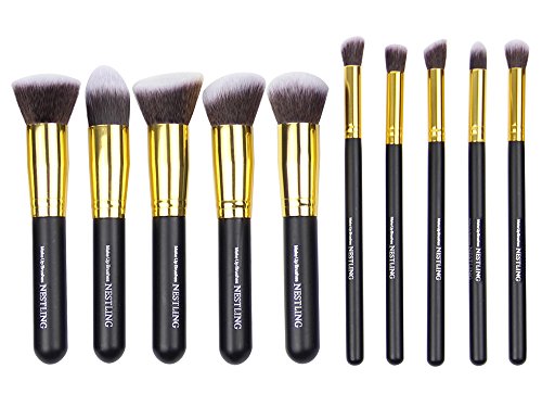 Nestling10 PCS Premium Professional Kabuki Makeup Brush Set Cosmetics Foundation Blending Blusher Eyeliner Eyeshadow Face Powder Brush Tool Kit (Golden Black)