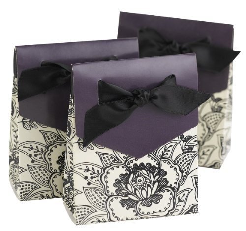 Hortense B. Hewitt Wedding Accessories 3-Inch Black and Eggplant Purple Floral Print Tent Favor Boxes, 25 Count