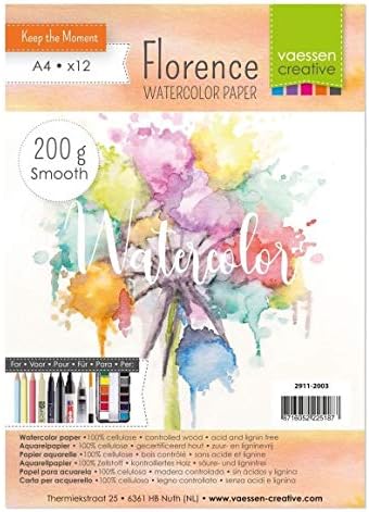 Vaessen Creative Florence Aquarellpapier A4 in Elfenbein Weiß, aus 200 g/m² Glattem Papier, 12 Blatt für Aquarellmalerei