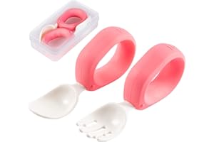 HIWOOD Baby Self Feeding Training Spoon and Fork Set with Travel Case, BPA-Free Cute Circle Toddler Training Utensils, Silicone/ABS Great Tableware Set Spoons Fork for Kids(Pink)