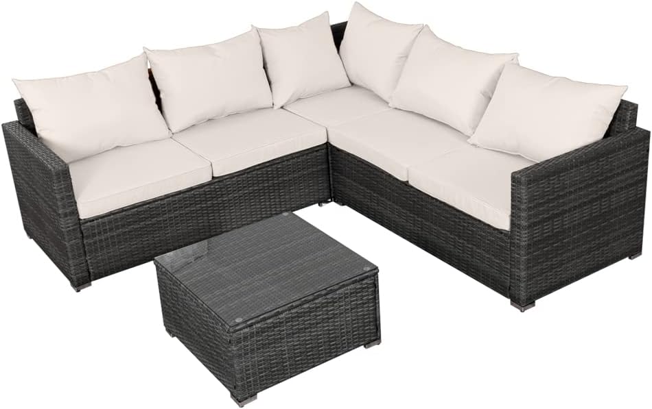 Panana 5 Seater Rattan Garden Sofa Set with Coffee Table Beige Cushions