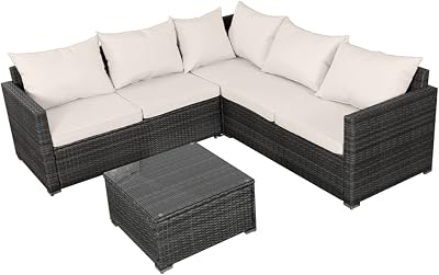 Panana 5 Seater Rattan Garden Sofa Set with Coffee Table Beige Cushions