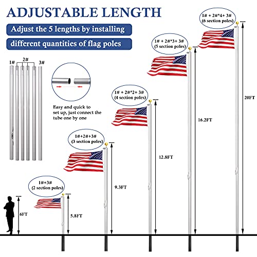 NQ 20FT Aluminum Flagpole Set Sectional Flag Pole Kit Outdoor