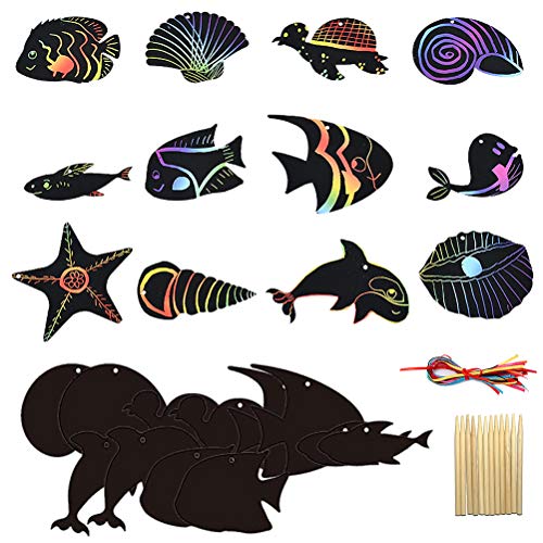 Odowalker Scratch Art Paper of Rainbow Dinosaur Scratchboard Craft Kits with Wooden Styluses for DIY Kits & Decorations Boys Girls Classroom Craft Party Game Supplies (Marine Animal)