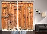 Ambesonne Western Decor Collection, Ancient West Rural Town Rustic Weathered Wooden Door and Vintage Wagon Wheel Picture, Window Treatments, Living Room Bedroom Curtain Set, 108 X 84 Inches, Peru