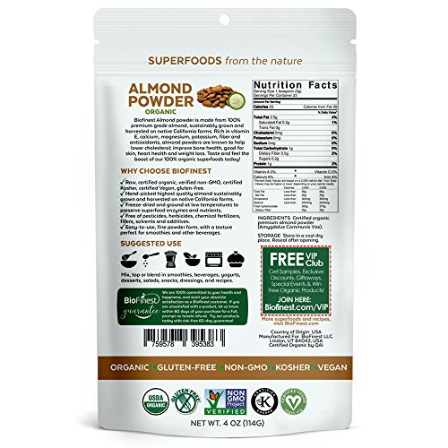 Biofinest Almond Powder - Extra Fine Ground - 100% Pure Antioxidants Superfood - USDA Certified Organic Vegan Raw Non-GMO - Boost Digestion Weight Loss - For Smoothie Beverage (4 oz Resealable Bag)