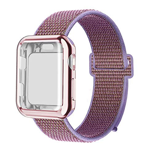 QIENGO Compatible with Apple Watch Band with Case 42MM, Soft Nylon Strap with Silicone Screen Protector, Replacement for iWatch Sport Series 3/2 / 1 (Lilac, 42mm)