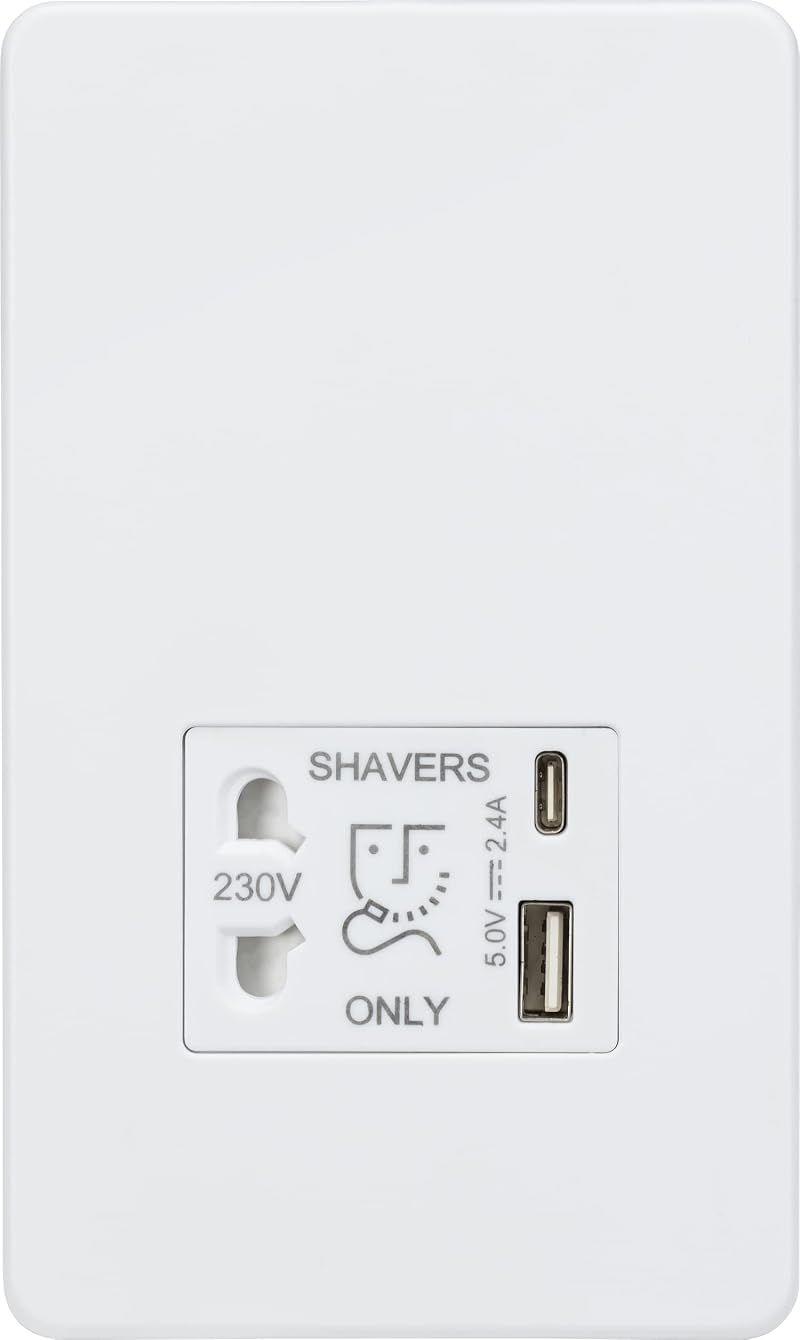 Knightsbridge Screwless Shaver Socket Dual USB A C 5V 2.4A White