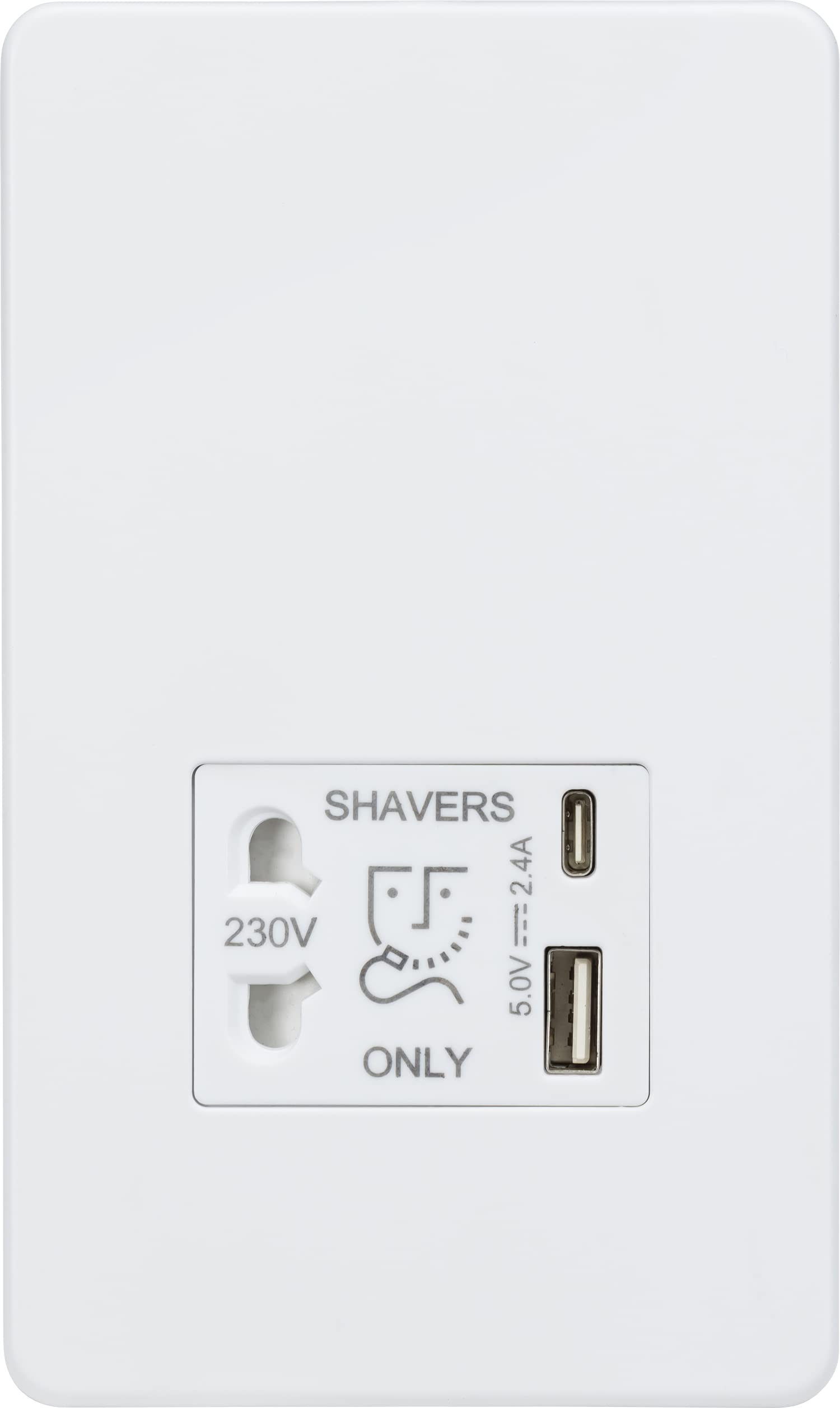 Knightsbridge Screwless Shaver Socket with Dual USB A+C (5V DC 2.4A Shared) - matt White — image 1