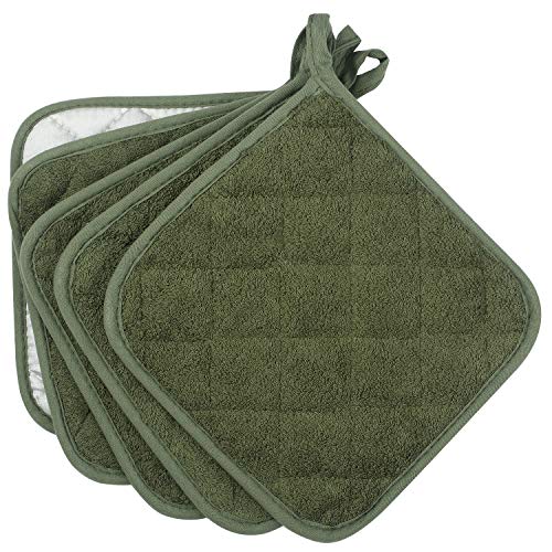 Lifaith 100% Cotton Kitchen Everyday Basic Terry Pot Holder Heat Resistant Coaster Potholder for Cooking and Baking Set of 5 Olive Green
