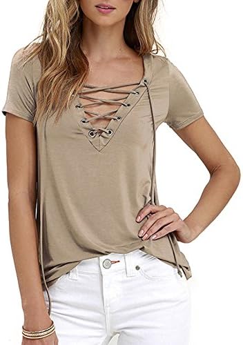 MAYSIKA Women's Sexy Lace Up V Neck Summer Casual Short Sleeve Top