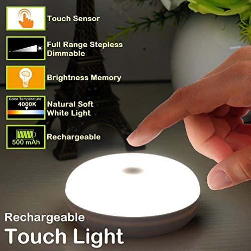 Rechargeable Touch Light, RTSU DIY Stick Anywhere Led Night Light Touch Lamp Tap Light (Touch Sensor Switch, Stepless Dimmer, Last Setting Memory, Built-in Battery Powered, Warm White Light)