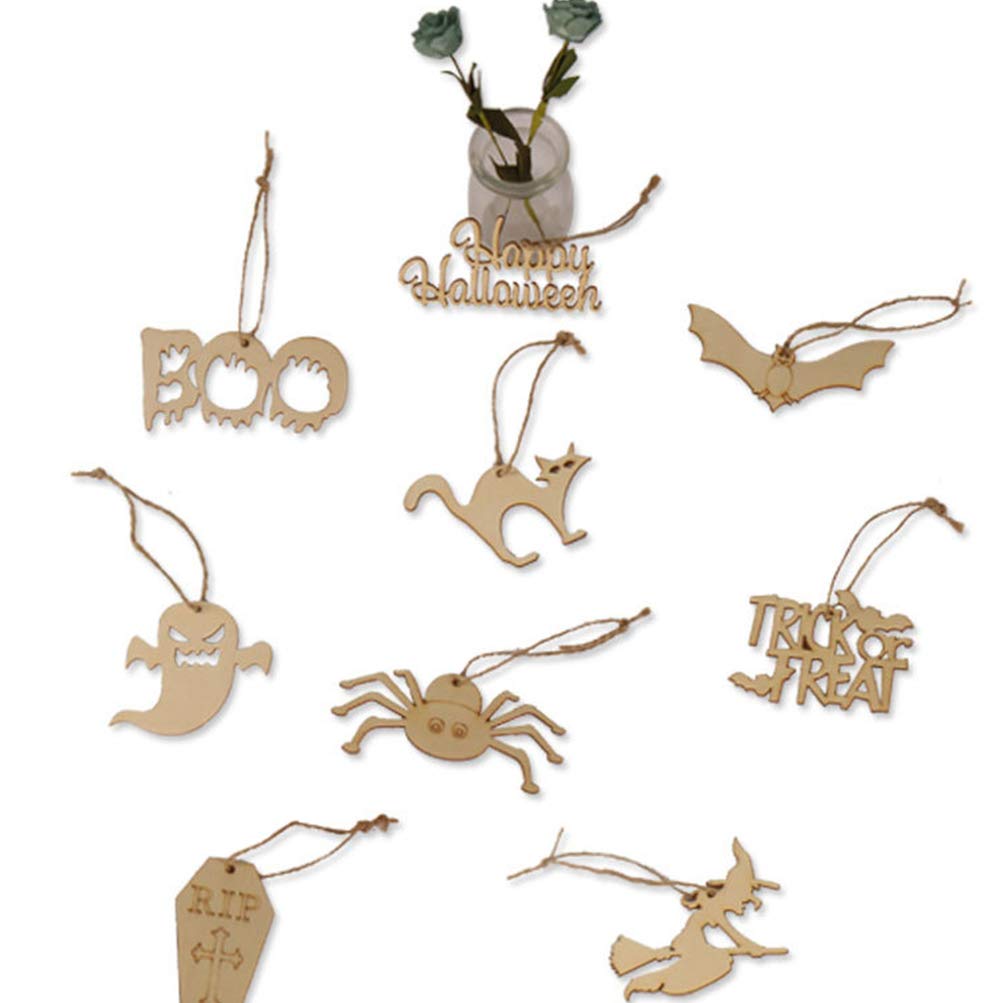Holibanna Halloween Wooden Pendant Set 20Pcs Unpainted Bat and Ghost Slices 4.33X3.27In Rustic DIY Craft Decor for Party Hanging Ornaments and Holiday Decorations