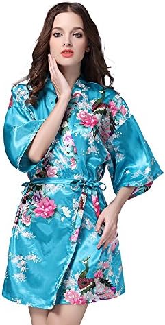 Deksias Women's Kimono Robe Satin Short Printing Peacock Short Sleeve Wedding Silk Bridal Robe