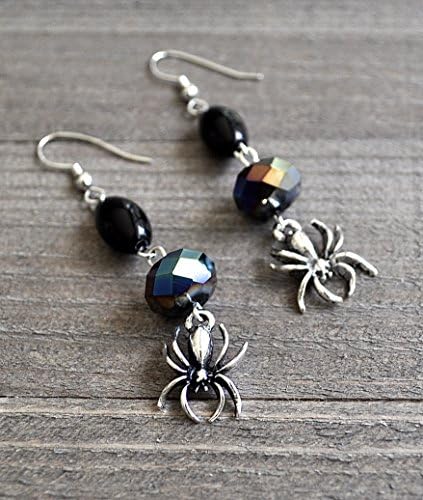 Silver Spider Earrings Gothic Style Black Crystal &amp; Glass Beads Sterling Silver Ear Wires