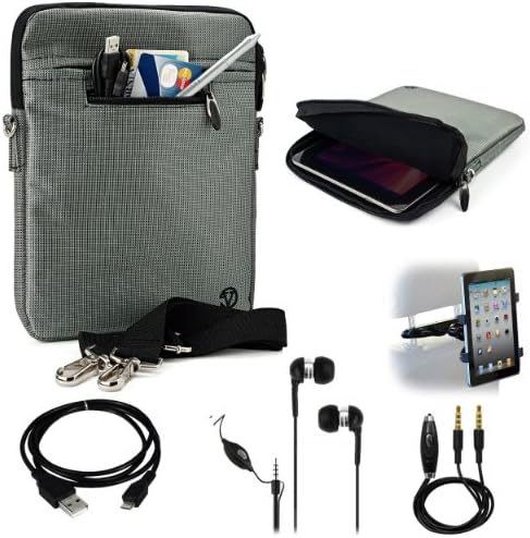 Silver Gray Mighty Nylon Jacket Slim Compact Protective Sleeve Shoulder Bag Case with accessories For Creative ZiiO 10-Inch Wireless Entertainment Tablet Android OS + Includes a Black Micro USB Data Sync Cable + Auxilary Cable ( AUX Connectivity ) + Adjustable HeadRest Car Mount Kit + Noice Reducer MP3 Handsfree Earbuds Earphones with Mic