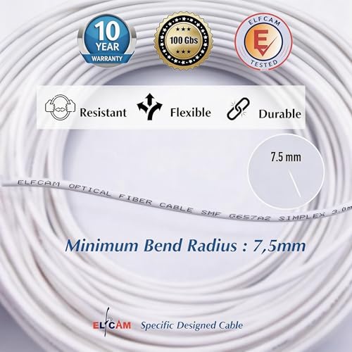 Elfcam® Fibre Optic Cable Simplex LC/APC 8° to LC/APC 8° Connector, 9/125 μm OS2 Patch Cable LSZH, FTTH Fibre Optic Cable, White (10 m)
