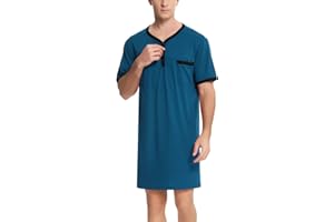 Enjoyoself Men's Nightshirt Nightwear Comfort Cotton Sleep Shirt Henley Short Sleeve Lounge Sleepwear