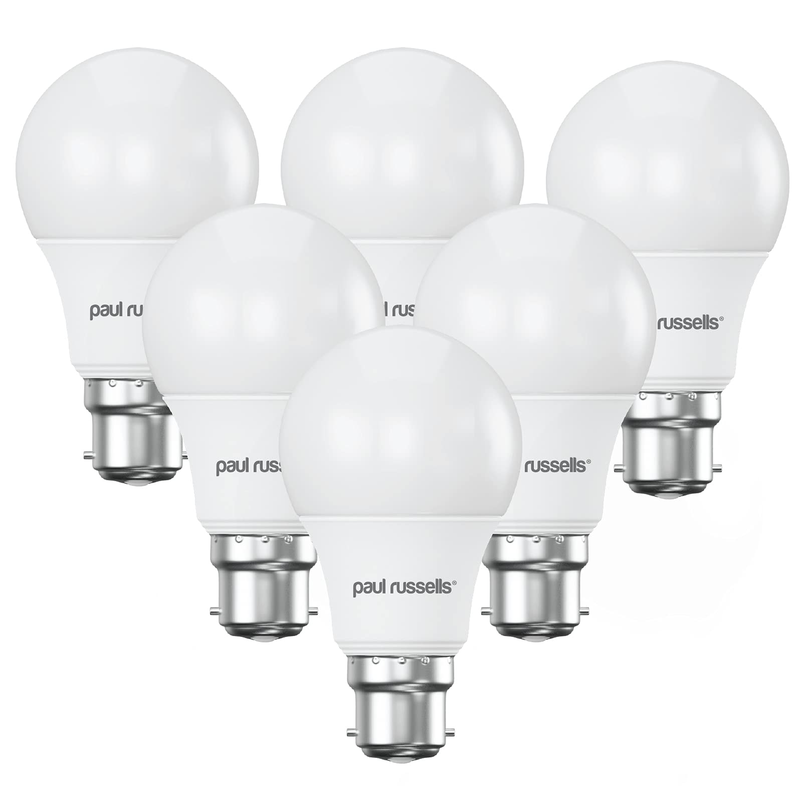Paul russells LED GLS Lights Bayonet Cap B22, 60w Equivalent, 8Watt 806LM LED Bulbs, 4000K Cool White, Classic Frosted A60 Standard BC Energy Saving (Not Dimmable) Large Globe Lamps, Pack of 6