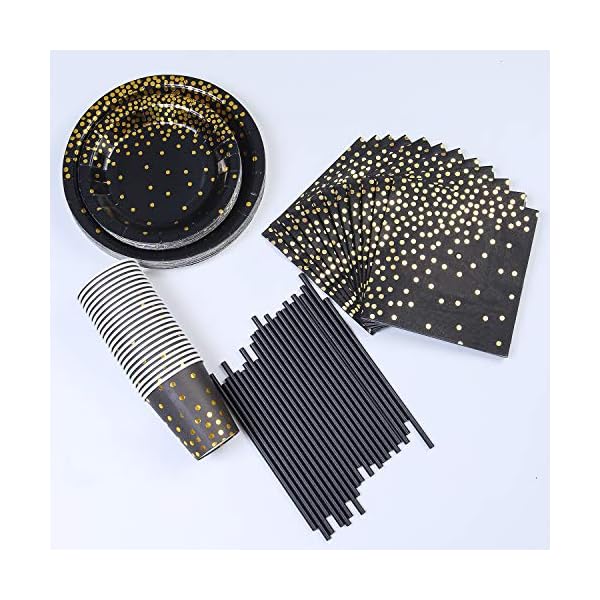 ANECO 146 pieces Black With Gold Foil Party Supplies Disposable Party Tableware Set for Graduation, Party, for 24 Guests