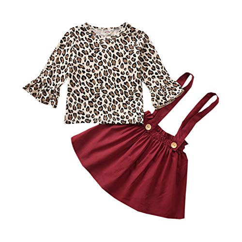 Mr.Lang Toddler Littler Girls Outfit Leopard Print Long Sleeve Outfit+Strap Skirt Outfits (Leopard, 5-6 Years)
