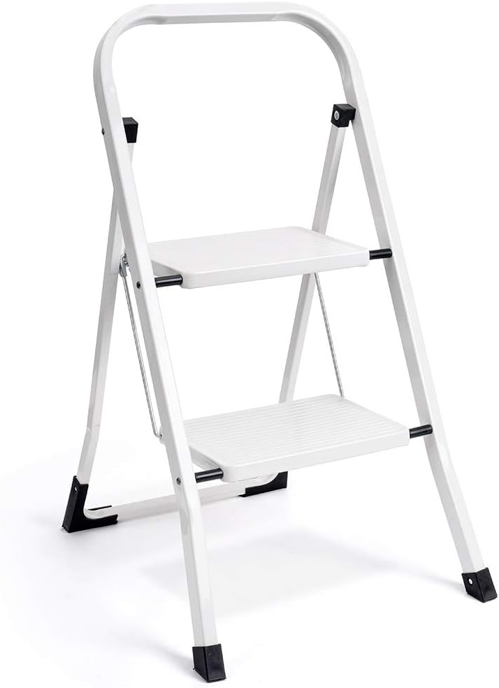 Delxo 2 Step Ladder Folding Step Stool Ladder with Handgrip Anti-Slip Sturdy and Wide Pedal Multi-Use for Household and Office Portable Step Stool Steel 300lbs White (2 feet): Kitchen & Dining