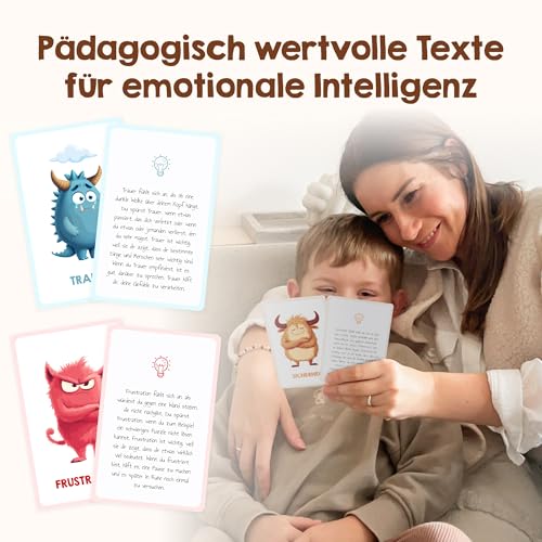Edubini Emotion Cards for Children [30 Cards + Explanatory Texts] - Emotion Cards for Self-Regulation and a Good Feeling - (Educationally Valuable) - Feeling Monster for Emotional Children