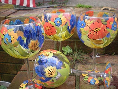 Hand Painted blue feathery tulips/orange poppies goblets. Set of 4