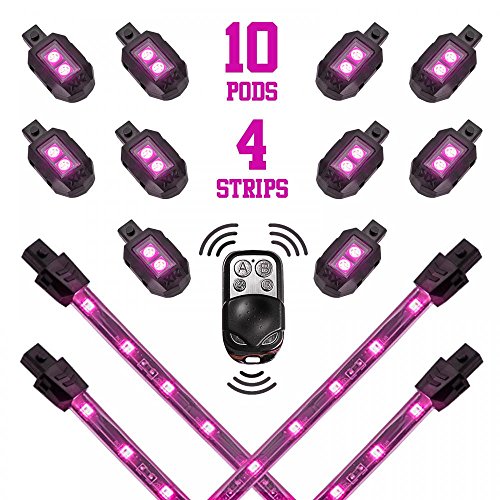 Premium PINK 10 POD 4 STRIPS LED Motorcycle Engine & Ground Neon Accent Light Kit with 4-key Remote