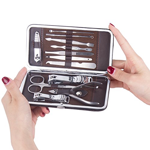 MonLiya Manicure Pedicure, 12 in 1 Nail Clipper Set, Stainless Steel Nail Clipper Professional Nail Scissors, Travel & Tool Kit Grooming Kit in Brown Pattern, Gift Idea Best