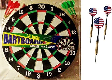2 item Bundle: Best 14 inch Dartboard Includes 6 Hard Tip Darts( 3 Green 3 Red) &amp; 1 Pack of 3 Hard Tip Darts (US Flag 4th of July) Fathers Day Gifts Special