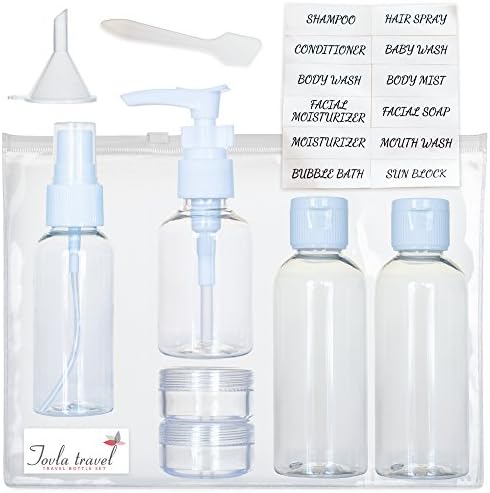TSA Approved Travel Toiletry &amp; Cosmetic Bottles Set By Tovla | Quality Clear Plastic | 10 Piece Bottle &amp; Accessory Set