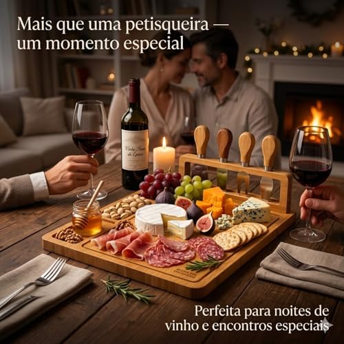Tábua de Frios Petisqueira Bambu com Kit 4 Facas e Suporte | Tábua para Queijos Aperitivos e Servir | Bandeja Gourmet Premium 39x29cm