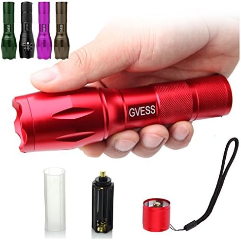 GVESS Tactical Flashlight, High Lumen Flashlights XML T6 Waterproof LED Handheld Mini Flashlight Adjustable Focus 5 Modes for Outdoor Sports Emergency(red)