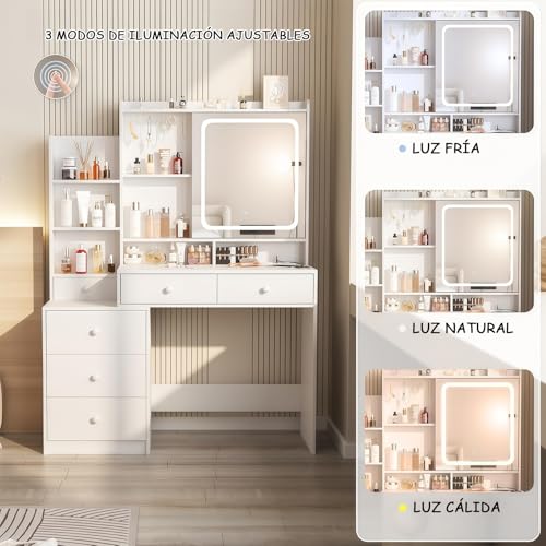 Tocador- Vanity con Espejo Luz LED Mueble para Maquillaje, Tocador de Maquillaje con Estación de Carga Escritorio, Estantes Ocultos, con 6 Cajones y Estantes de Almacenaje para Recamara (Blanco)