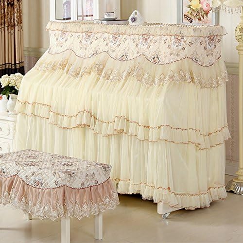 Hand-Embroidered Lace Floral Piano Cover Full Piano Cloth Set Dust stand Piano Decoration with Bench Cover Keyboards Protective (Beige)