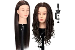 22" MQHIHI Mannequin Head Human Hair Cosmetology Manikin Doll Head with 80% Real Hair for Hairdresser Practice Cutting Braiding Hair Styling with Clamp Holder and Tools (Dark Brown)
