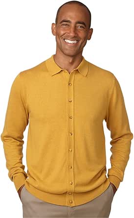 Paul Fredrick Men's Silk, Cotton and Cashmere Button Front Polo Mustard XL KHQ001L at Amazon Men 