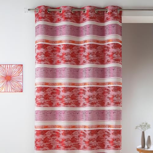 Homemaison - Rideaux en Jacquard à Rayures Horizontales - Polyester - Tamisant - 8 Œillets Ronds Argentés - Prêt-à-Poser - Salon, Chambre - 140 x 260 cm - Rouge Orangé