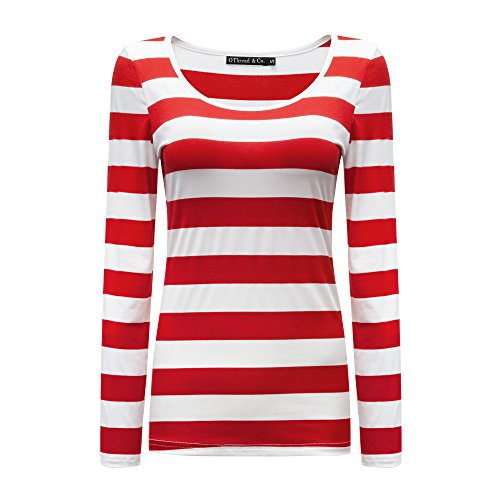 OThread & Co. Women's Long Sleeve Striped T-Shirt Basic Scoop Neck Shirts (Large, Red&White0)
