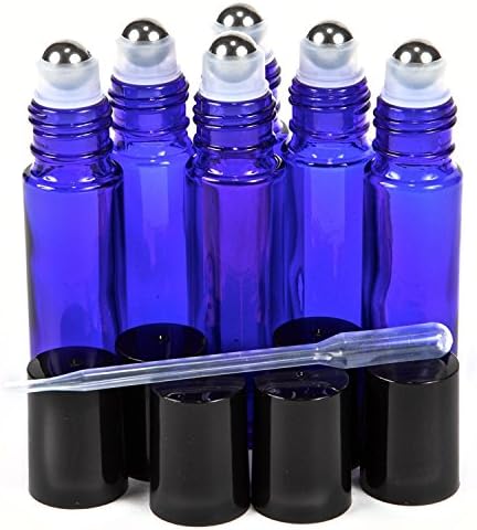 Oil Roller Bottles with Stainless Steel Roller Balls,Useful for Aromatherapy Perfumes and Lip Balms, Solid Blue Glass, 6 Bottle Set,10ml