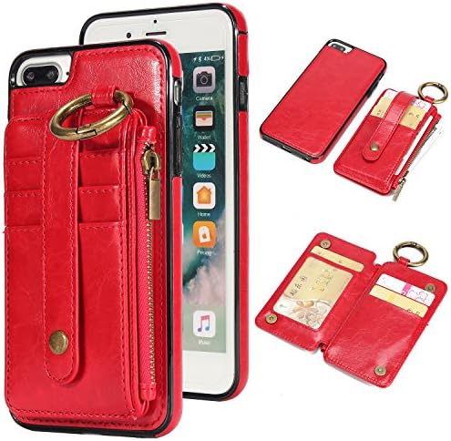 Wisecoco iphone 8/7 plus Wallet Case with Card Holder,Magnetic Detachable Slim Shockproof Car Phone Cover,Credit Card Holder Strap Slot with Zipper Pocket For Apple iphone 8 plus/iphone 7 plus (Red)