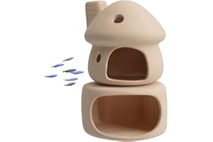 Mairuker Ceramic Fish Tank Decorations, Mushroom House with Round Cave for Small Shrimp to Rest and Breed,Hiding, Cichlid, Hermit Crabs - Beige (Mushroom +Cave)