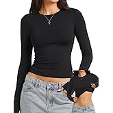 Danysu Double Lined High Round Neck Long Sleeve Tops for Women with Built in Bra Nylon Basic Crop Fall Tee Shirts