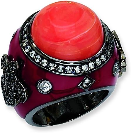 Black-Plated Sterling Silver Enamel Simulated Red Coral & Cz Ring, Size 8